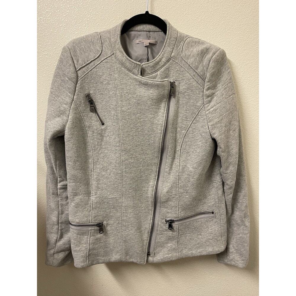Gap Women's Grey Moto Jacket, Size Large | Full Zip, Diagonal Style with Pockets